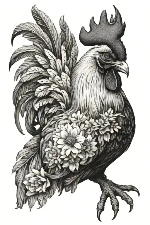 Rooster With A Baby Chick With A Coralie Dahlia Flower