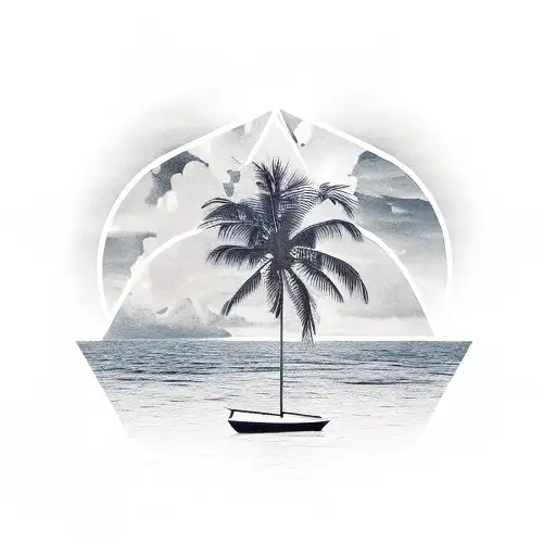 Palm Tree Sky Water Boat In An Triangle