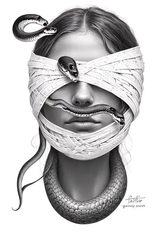 Woman Face With A Snake In Face And Eyes Bandage Lines