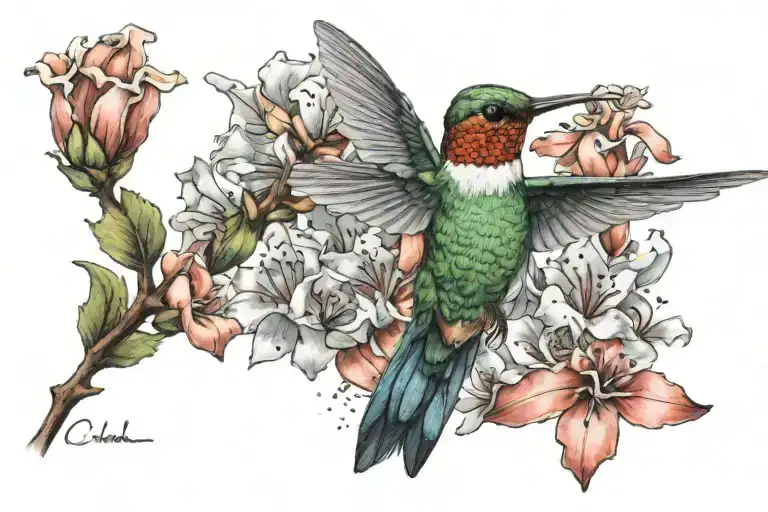 A Detailed Tattoo Of A Hummingbird Feeding On A Flower Made Of Coral