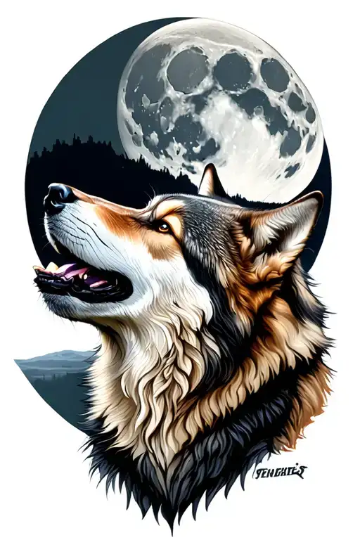 Full Moon With Wolf Howling At The Moon