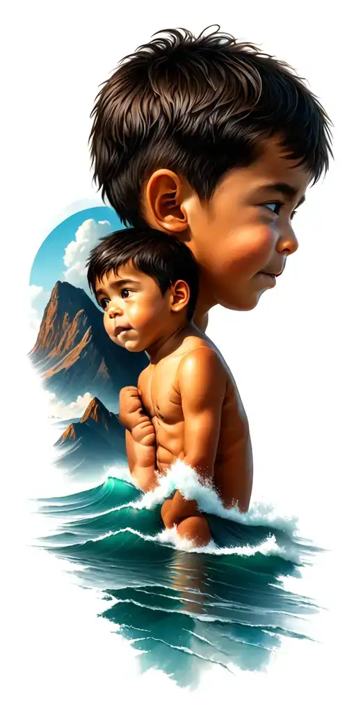 Mountains Ocean Two Boy Children