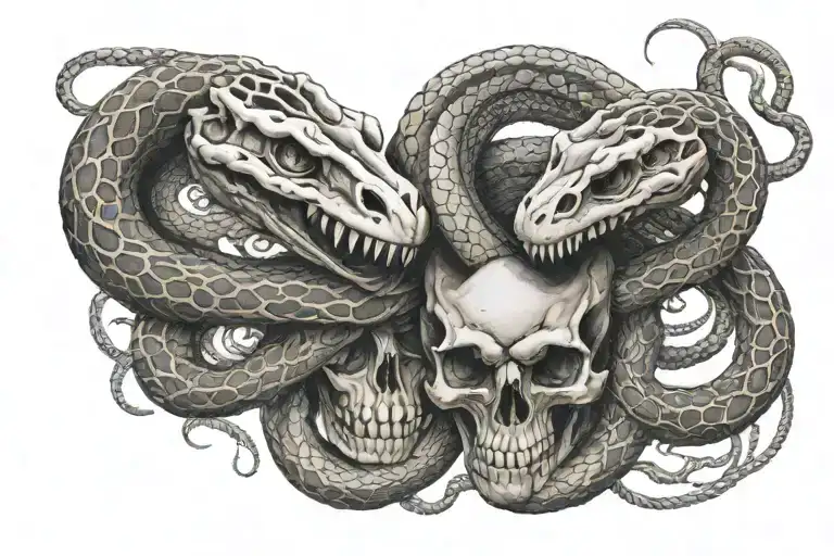 Two Snakes Facing Eachother And One Snake Skeleton Going Upwards In The Middle Of The Two Snakes