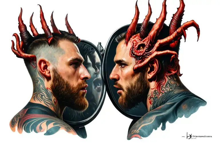 A Man Facing A Mirror With A Demon Reflection