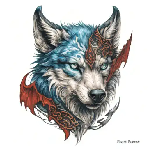 Blue Eyed Wolf Head With Red Dragon Wings Protecting The Wolf