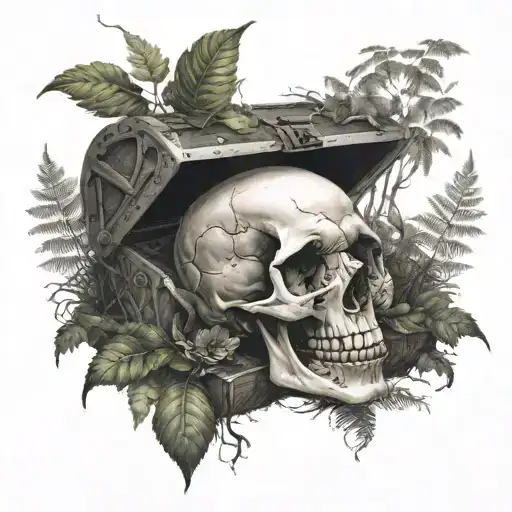Skull And A Treasure Chest In The Forest