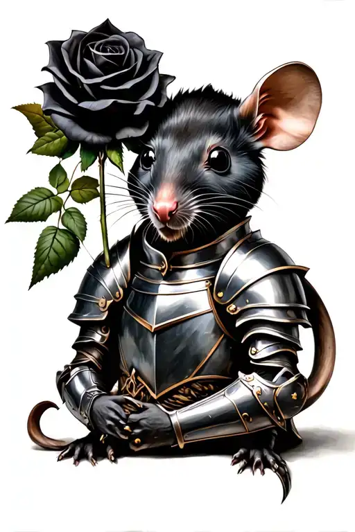 Impaled Rat In Knight Armour Without Helmet Holding A Black Rose