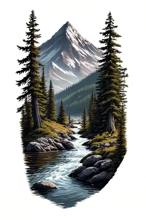Forest With River Flowing And Mountain In Background