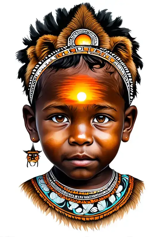 Portrait African Tribal Kid In The Sabana With A Sunset And A Lion