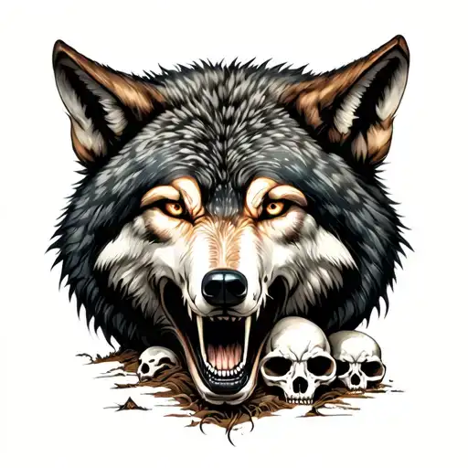 Wolf Eating Sheep Head In Woods With Skulls On The Ground And Creepy Eyes In The Dark Woods