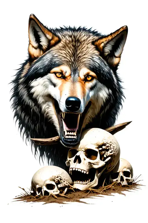 Wolf Eating Sheep Head In Woods With Skulls On The Ground And Creepy Eyes In The Dark Woods