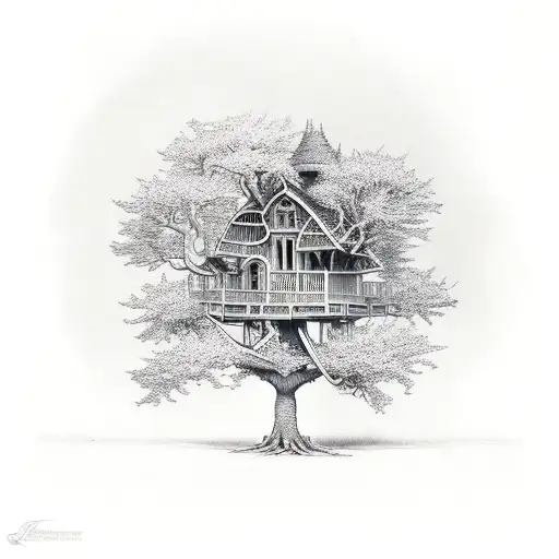 An Intricate Treehouse Nestled Among The Branches Of A Majestic Oak Tree