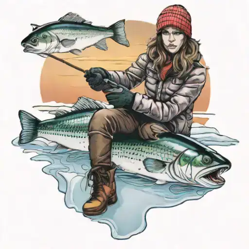 Women Ice Fishing With Sunset Background