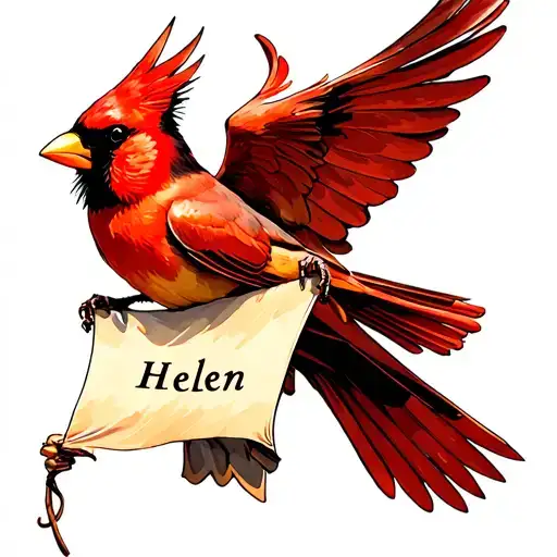 A Cardinal Flying Holding A Banner That Has The Name Helen On It