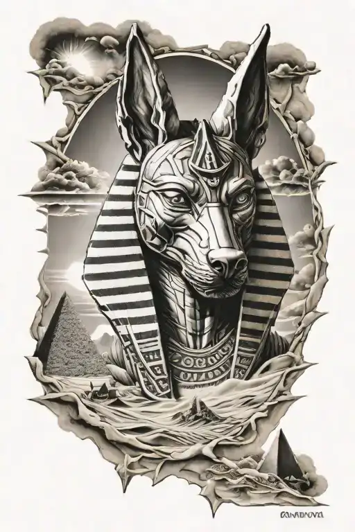 Anubis God With Pyramids Underneath Sun Setting And Wind Blowing Sand