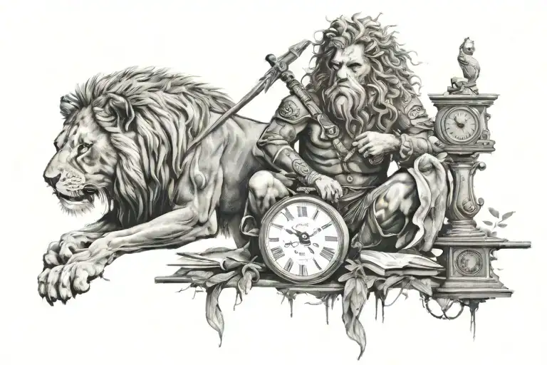 Warrior With An Axe And A Lion And A Book And A Tree And A Clock