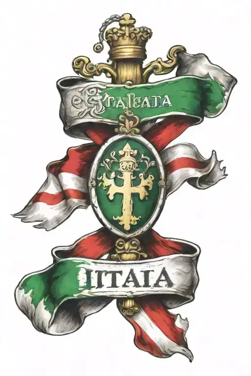 Cross Wrapped In Italian Flags With The Italian Coat Of Arms Behind It