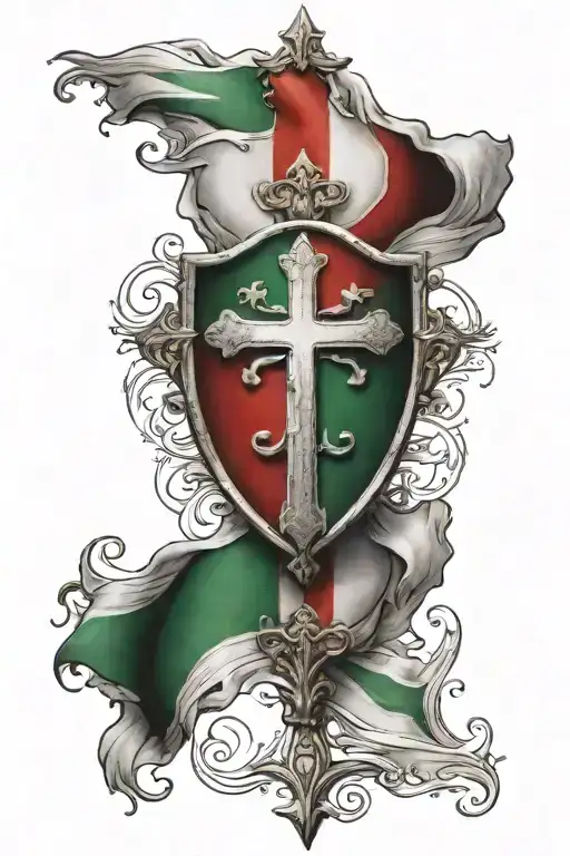 Italian Flag Wrapped Around A Cross With The Shield On The Italian Flag From 1946 Behind The Cross