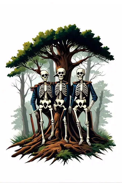 Confederate Soldier Skeletons Looking Around Trees In A Forest Setting