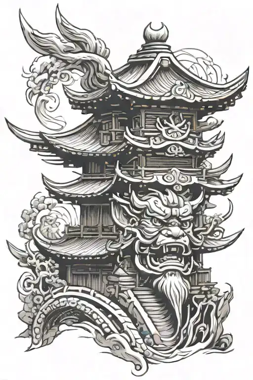 Japanese Temple With Samurai Head With Helmet
