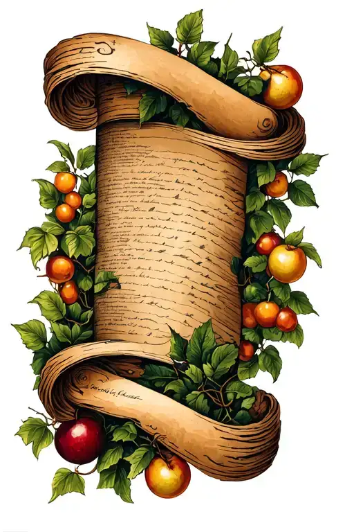 Weathered Scroll Wrapping Up Arm With Vines And Fruits All Around It
