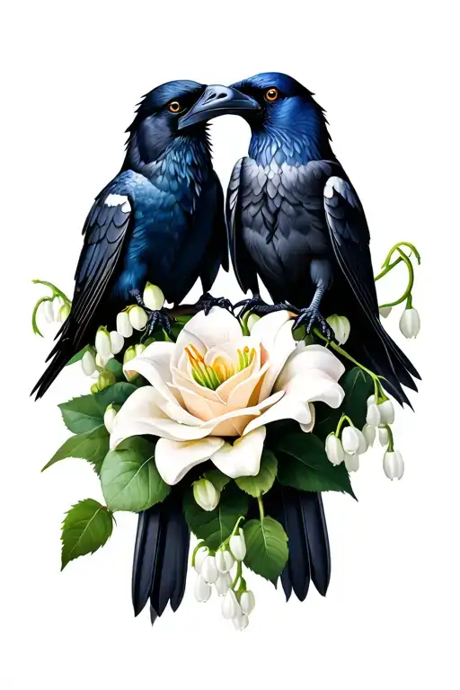 Two Ravens Sitting On Lily Of The Valley And Roses