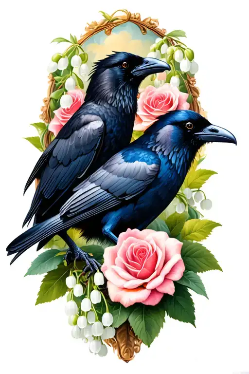 Two Ravens With Lily Of The Valley And Roses