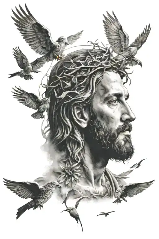 Jesus Christ With Lions And Birds Flying
