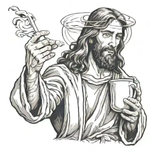 Jesus With A Mug Of Coffee In One Hand And A Cigarette In The Other Hand