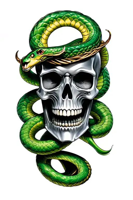 Blackout Tattoo With Silver Skull And Green Snake Coiled