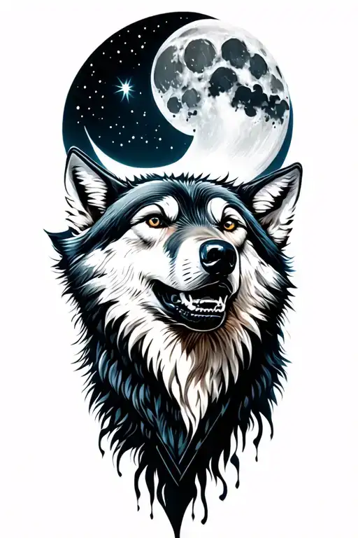 Blackout Tattoo With Silver Wolf Howling At A Silver Moon