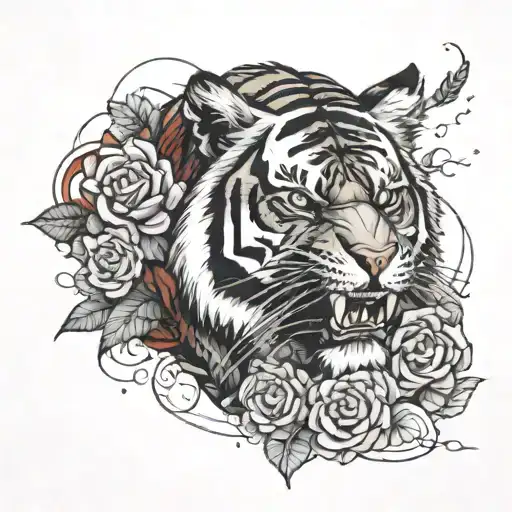 An Anime-inspired Tattoo Featuring A Tiger And A Skull In A Black And Red Color Palette