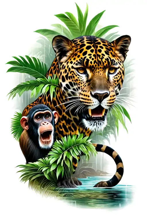 Rain Forest Landscape Featuring Jaguar And Monkey