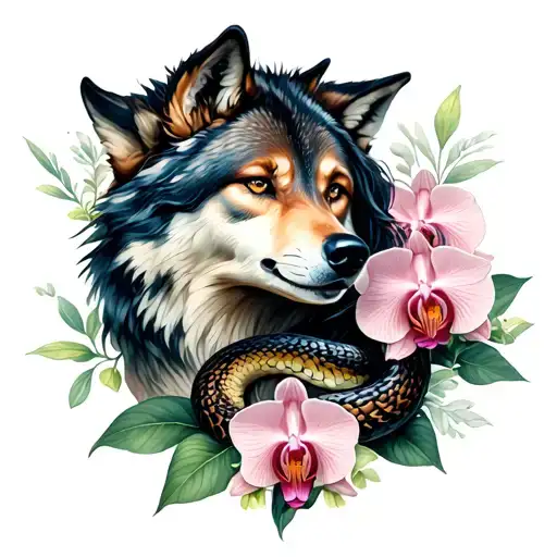 Neo Traditional Wolf And Snake For A Woman Surrounded By Orchid Flowers