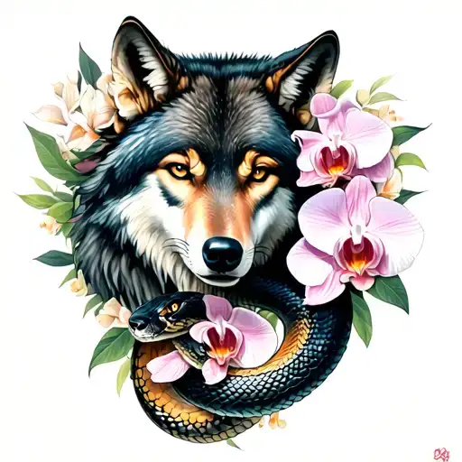Neo Traditional Wolf And Snake For A Woman Surrounded By Orchid Flowers