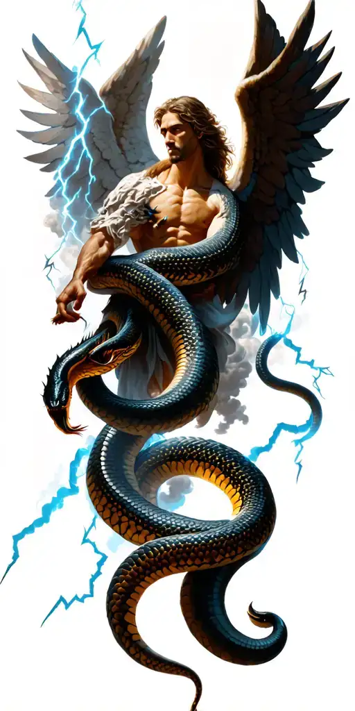 Arch Angel Micheal And Snake With Lighing Bolts And Clouds