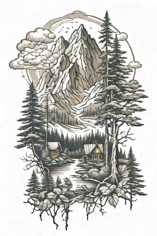 Realistic Mountain And Forest With Family