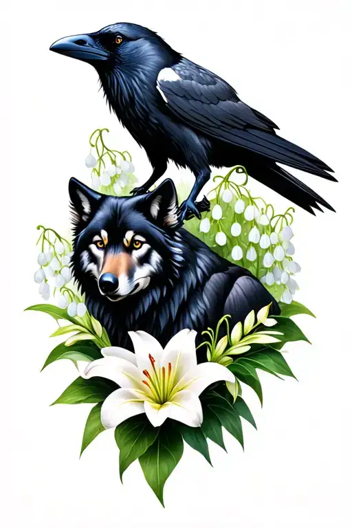 Raven And A Wolf Surrounded By Lily Of The Valley Flower