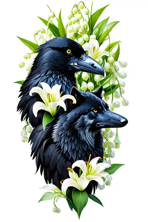 Raven And A Wolf Side By Side Surrounded By Lily Of The Valley Flower