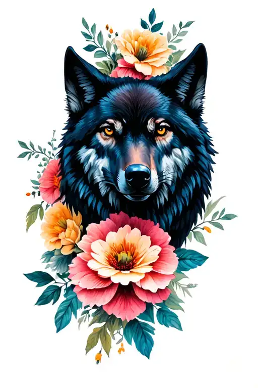 Raven Wolf With Flowers Intertwined