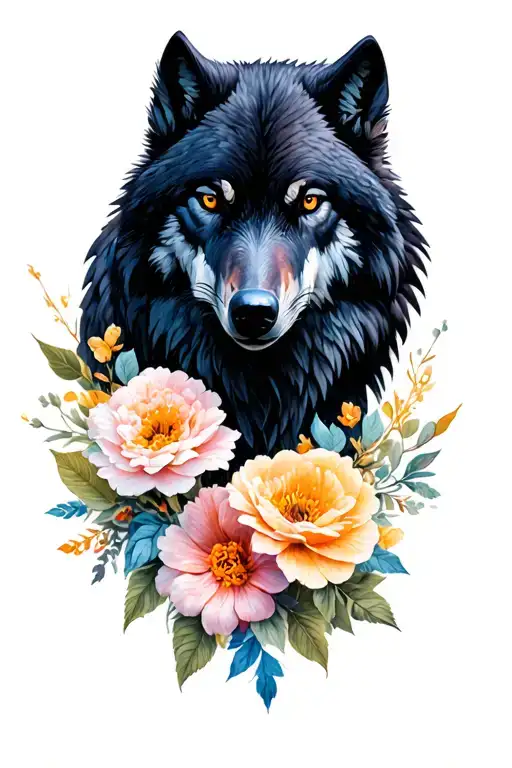 Raven And Wolf With Flowers Intertwined Within