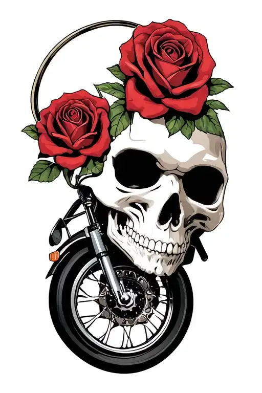 Roses On Skulls And He Is Riding A Motorcycle Wheel