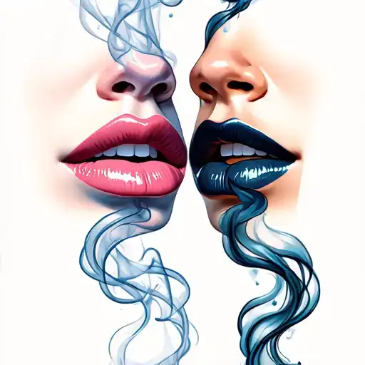 Two Female Lips Exchanging Smoke