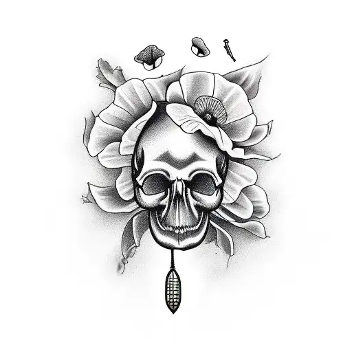 A Realistic Depiction Of A Veteran's Hand Holding A Skull With Poppy Petals Falling Around It