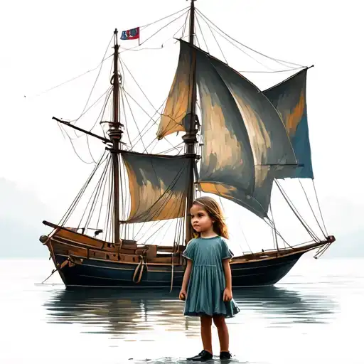 Little Girl Standing In Front Of The Old Sailboat