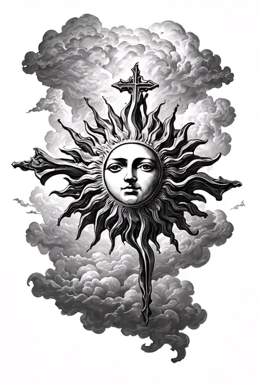 A Sun With Clouds Around With A Cross