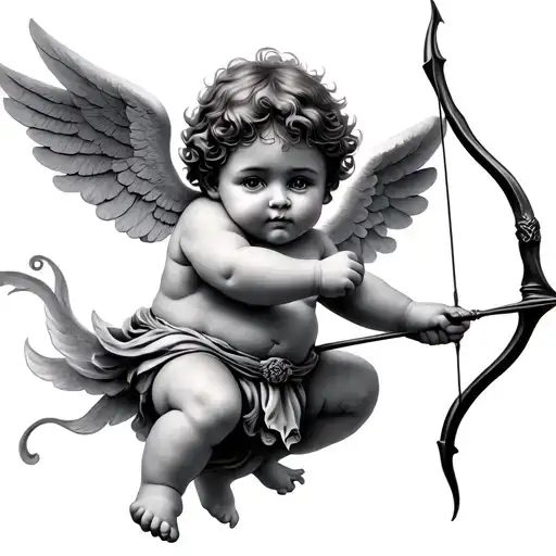 Chubby Cherub With Cute Face Flying Holding A Bow And Arrow