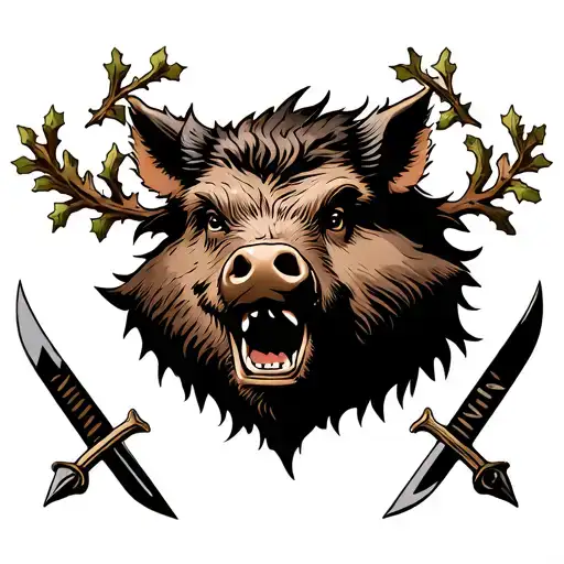 Coat Of Arms With A Boar's Face With Oak Branches And Two Swords Against The Background