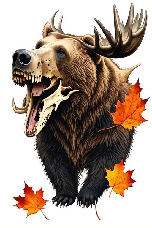 Grizzly Bear With Moose Skull And Maple Leaf