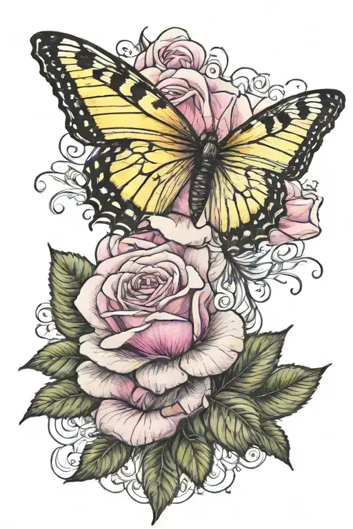 Pink Rose And A Yellow Butterfly